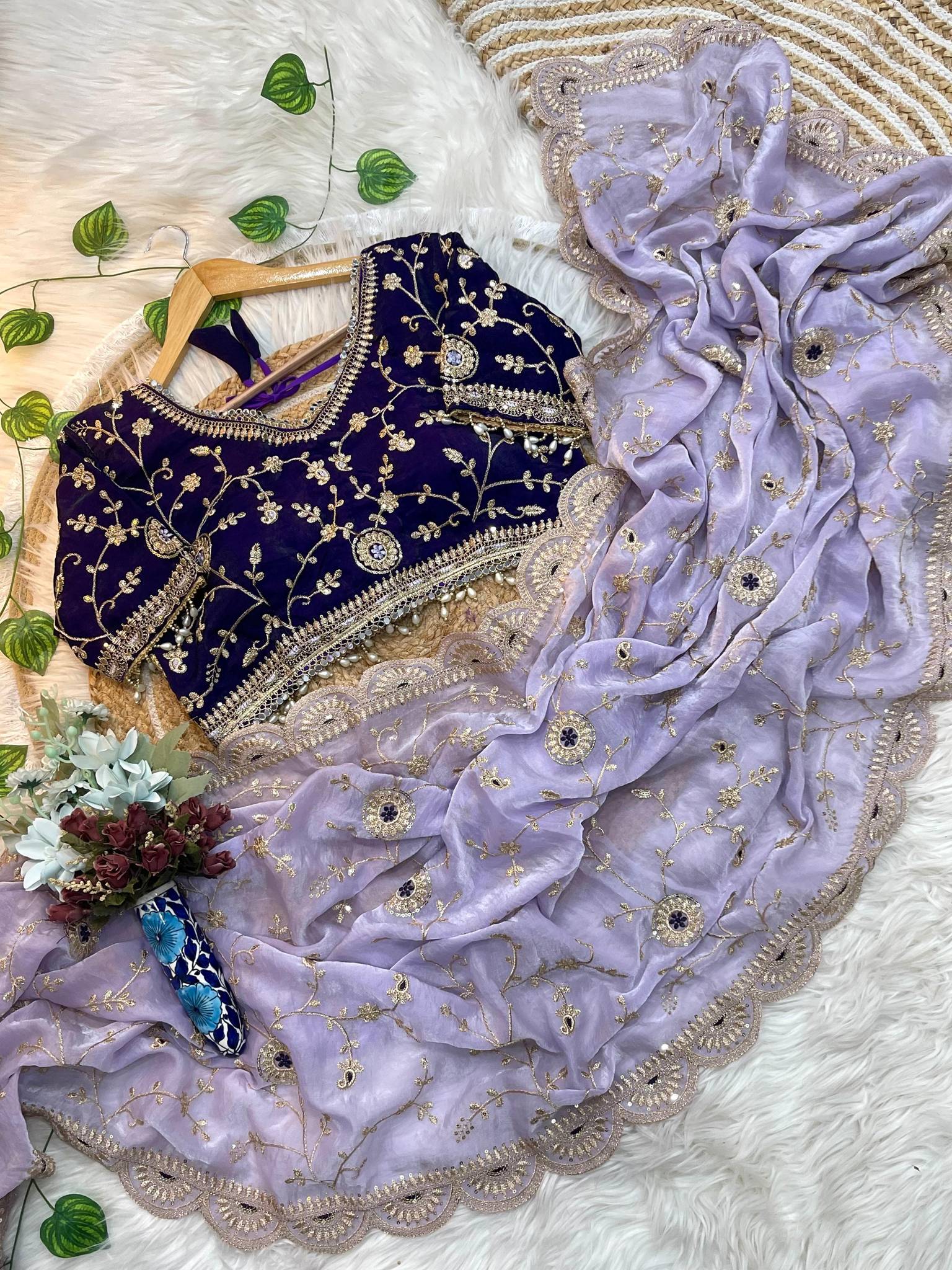 Purple Elegant Fendy Satin Silk Saree with Navy Blue Heavy Embroidered Border & Cutwork Blouse